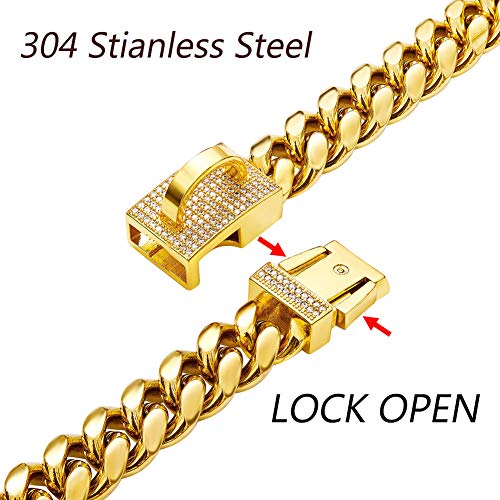 24inch, Gold Petoo Heavy Duty Choke Cuban Chain,18K Gold Dog Collar with Safety Lock,19mm,Strong Stainless Steel Metal Links Slip Chain Training Collar for Large Dogs