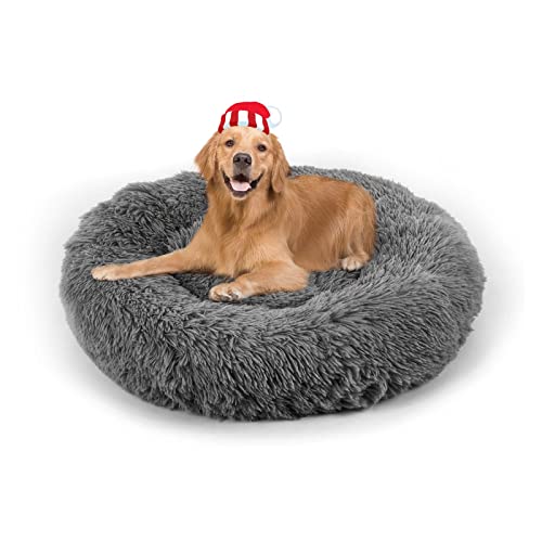 Dog Bed, Cat Calming Bed, Faux Fur Pillow Pet Donut Cuddler Round Plush ...