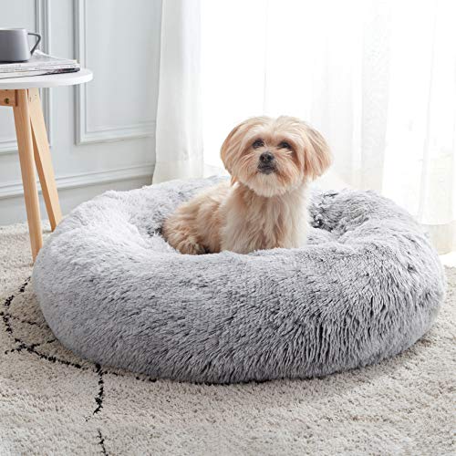 Calming Dog & Cat Bed, Anti-Anxiety Donut Cuddler Warming Cozy Soft Round Bed, Fluffy Faux Fur Plush Cushion bed for Small Medium Dogs and Cats (20″/24″/27″/30″)