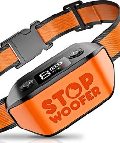 STOPWOOFER Dog Bark Collar – No Shock, No Pain – Rechargeable Barking Collar for Small, Medium and Large Dogs – w/2 Vibration & Beep Modes (Orange)