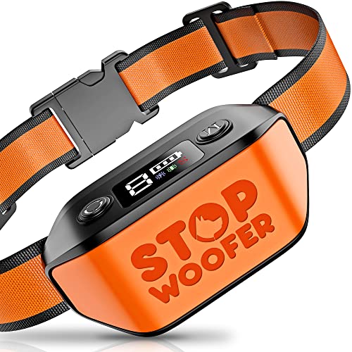 STOPWOOFER Dog Bark Collar – No Shock, No Pain – Rechargeable Barking Collar for Small, Medium and Large Dogs – w/2 Vibration & Beep Modes (Orange)