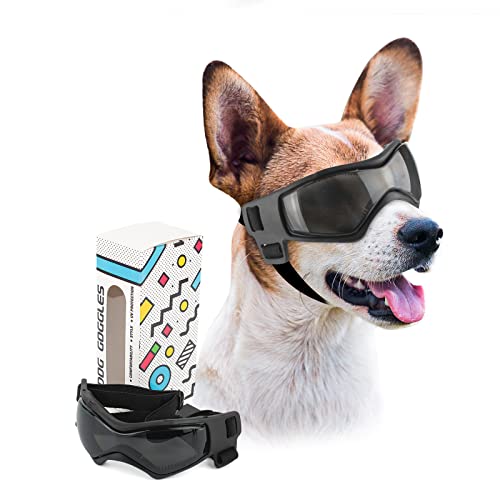 PETLESO Dog Goggles Small Breed, UV Protection Dog Sunglasses Medium Breed Dog Goggles for Medium Dog Outdoor Riding Driving, Medium Black