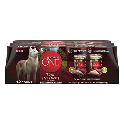 Purina ONE True Instinct Tender Cuts in Gravy With Real Turkey and Venison, and With Real Chicken and Duck High Protein Wet Dog Food Variety Pack – (12) 13 Oz. Cans