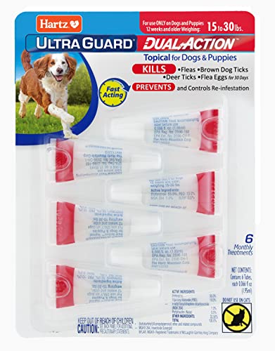 Hartz UltraGuard Dual Action Flea & Tick Topical Dog Treatment and Flea and Tick Prevention, 6 Months, 15-30 Pound Dogs