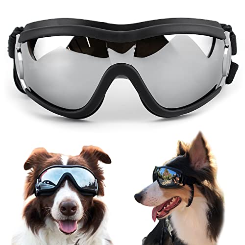 Dog Sunglasses Dog Goggles Medium Large Breed, Dog Glasses Sun Protection Windproof Waterproof Dustproof, Pet Glasses Anti-Broken Anti-Fog with Adjustable Strap for Driving Motorcycle Swimming Surfing