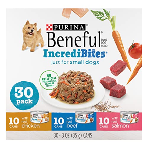 Purina Beneful Small Breed Wet Dog Food Variety Pack, IncrediBites With Real Beef, Chicken or Salmon – (30) 3 Oz. Cans