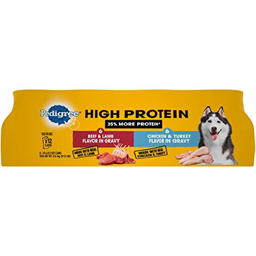 PEDIGREE High Protein Adult Canned Wet Dog Food Variety Pack, Chicken & Turkey Flavor in Gravy and Beef & Lamb Flavor in Gravy, (12) 13.2 oz. Cans