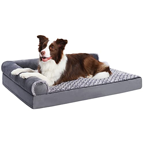 MIHIKK Orthopedic Dog Bed Deluxe Plush L-Shaped Dog Couch Beds with Waterproof Lining Bolster Dog Sleeping Sofa with Removable Washable Cover & Nonskid Bottom Pet Bed for Medium Large Jumbo Dogs, Gray