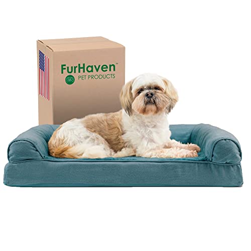 Furhaven Orthopedic Dog Bed for Medium/Small Dogs w/ Removable Bolsters & Washable Cover, For Dogs Up to 35 lbs – Plush & Suede Sofa – Deep Pool, Medium
