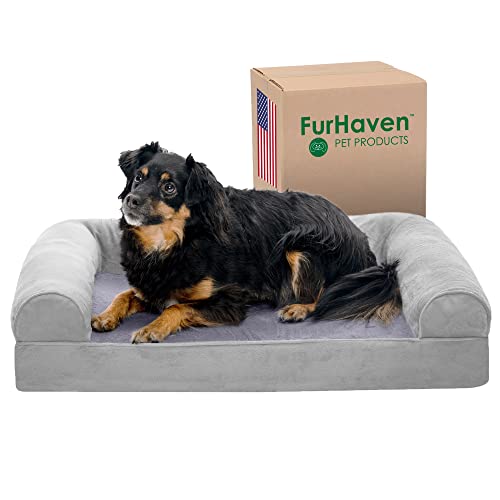 Furhaven Orthopedic Dog Bed for Medium/Small Dogs w/ Removable Bolsters & Washable Cover, For Dogs Up to 35 lbs – Faux Fur & Velvet Sofa – Smoke Gray, Medium