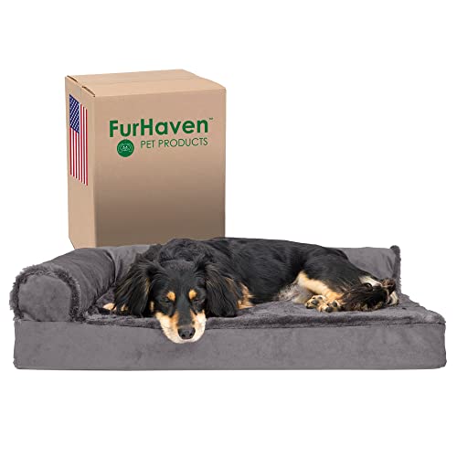 Furhaven Orthopedic Dog Bed for Medium/Small Dogs w/ Removable Bolsters & Washable Cover, For Dogs Up to 35 lbs – Plush & Velvet L Shaped Chaise – Platinum Gray, Medium