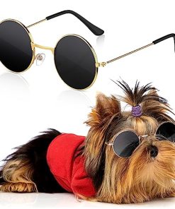 Dog Sunglasses Retro Pet Glasses Doll Glasses Classic Round Dog Glasses Metal Cat Puppy Eye Wear Hippie Costumes for Cats and Dogs, Photos Props Cosplay Party Costume (Gold, Black,Modern Style)