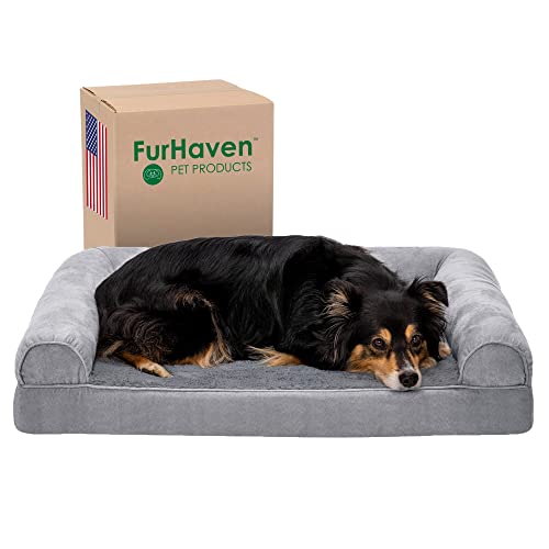 Furhaven Orthopedic Dog Bed for Large/Medium Dogs w/ Removable Bolsters & Washable Cover, For Dogs Up to 55 lbs – Plush & Suede Sofa – Gray, Large