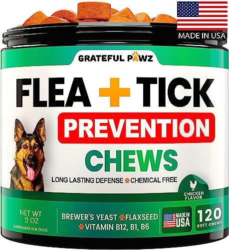 Flea and Tick Prevention for Dogs Chewables – Natural Dog Flea & Tick Control Supplement – Flea and Tick Chews for Dogs – Oral Flea Pills for Dogs – All Breeds and Ages – Soft Tablets – Made in USA