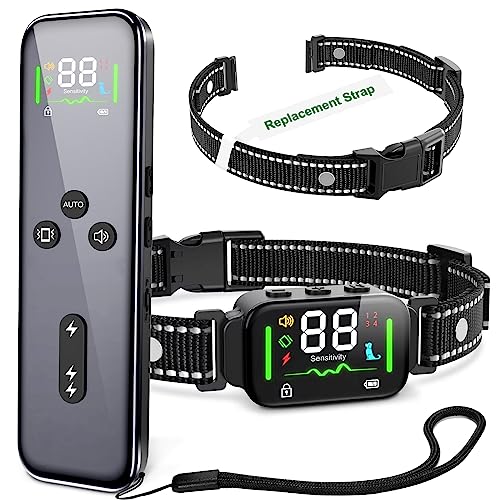 Dog Shock Collar, Dog Training Collar with Automatic No Barking Mode and Replacement Strap, Dog Bark Collar Electric Dog Collar with Remote 2600Ft and 4 Training Modes, IP67 Waterproof