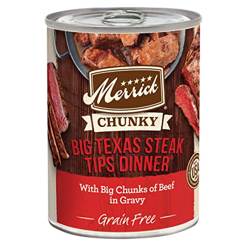 Merrick Chunky Grain Free Wet Dog Food, Big Texas Steak Tips Dinner Canned Dog Food – (12) 12.7 oz. Cans