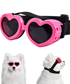 Suxible Dog Goggles Small Breed Dog Sunglasses, UV Protection Heart Shape Dog Sunglasses with Adjustable Strap, Waterproof Goggles for Dogs Doggy Pet Puppy Sun Glasses Doggie Windproof Glasses-Pink