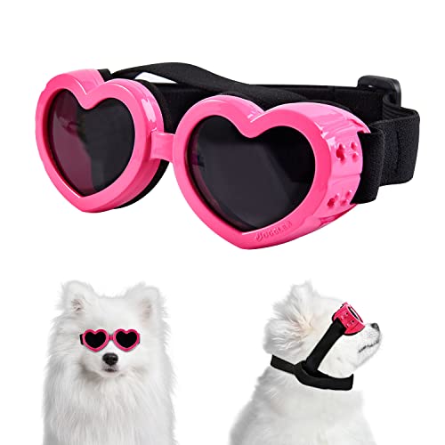 Suxible Dog Goggles Small Breed Dog Sunglasses, UV Protection Heart Shape Dog Sunglasses with Adjustable Strap, Waterproof Goggles for Dogs Doggy Pet Puppy Sun Glasses Doggie Windproof Glasses-Pink