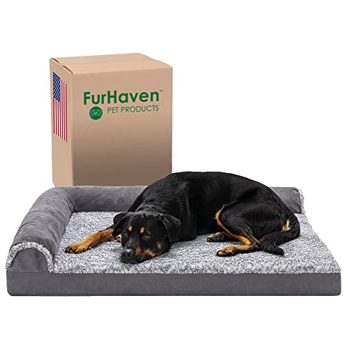 Furhaven Orthopedic Dog Bed for Large Dogs w/ Removable Bolsters & Washable Cover, For Dogs Up to 95 lbs – Two-Tone Plush Faux Fur & Suede L Shaped Chaise – Stone Gray, Jumbo/XL