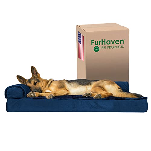 Furhaven Orthopedic Dog Bed for Large Dogs w/ Removable Bolsters & Washable Cover, For Dogs Up to 95 lbs – Plush & Velvet L Shaped Chaise – Deep Sapphire, Jumbo/XL