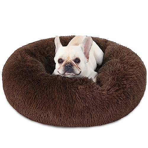 Dog Beds for Medium Dogs, Big Calming Dog Bed Washable, Pet Beds for Small Dogs to Large Dogs, 27 Inch Plush Round Donut Anti Anxiety Dog Bed, Dark Brown