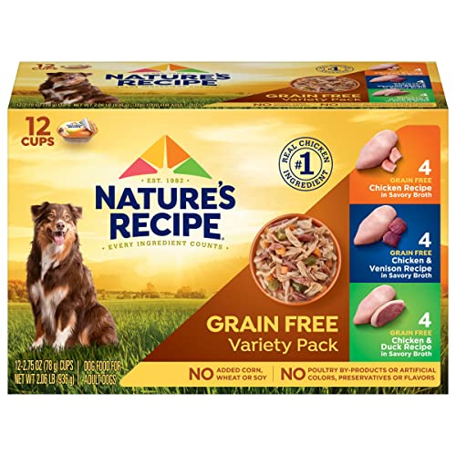 Nature’s Recipe Grain Free Wet Dog Food, Chicken/Venison/Duck Variety Pack, 2.75 Ounce Cup (Pack of 24)