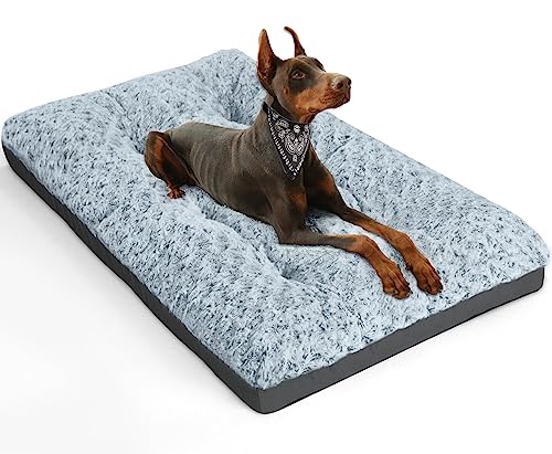 POCBLUE Deluxe Washable Dog Bed for Large Dogs Dog Crate Mat 36 Inch Comfy Fluffy Kennel Pad Anti-Slip for Dogs Up to 70 lbs, 36″ x 23″, Grey