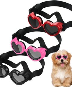 Nezyo Goggles Heart Shape Nezyo Sunglasses Puppy UV Protection Goggles Small Breed Doggie Windproof Glasses with Adjustable Strap Medium Pets 3 Pairs (Black, Red, Pink)