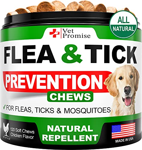 Flea and Tick Prevention for Dogs Chewables – All Natural Dog Flea & Tick Control – Flea and Tick Chews for Dogs – Oral Flea Pills for Dogs Supplement – All Breeds and Ages – Made in USA – 120 Tablets