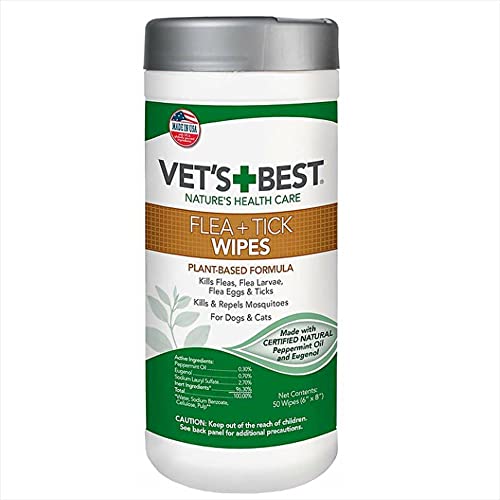 Vet’s Best Flea and Tick Wipes for Dogs and Cats – Flea Treatment for Cats and Dogs – Plant-Based Formula – Certified Natural Oils – 50 Count