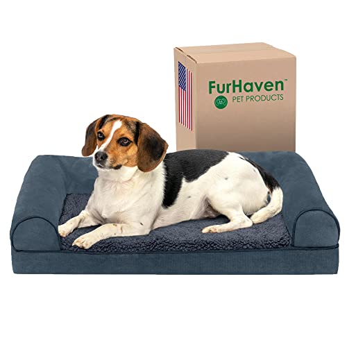 Furhaven Orthopedic Dog Bed for Medium/Small Dogs w/ Removable Bolsters & Washable Cover, For Dogs Up to 35 lbs – Sherpa & Chenille Sofa – Orion Blue, Medium