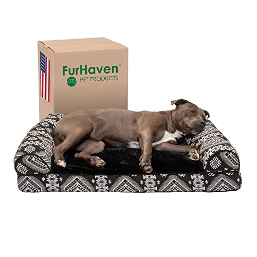 Furhaven Orthopedic Dog Bed for Large/Medium Dogs w/ Removable Bolsters & Washable Cover, For Dogs Up to 55 lbs – Plush & Southwest Kilim Woven Decor Sofa – Black Medallion, Large