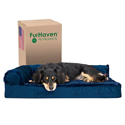 Furhaven Orthopedic Dog Bed for Medium/Small Dogs w/ Removable Bolsters & Washable Cover, For Dogs Up to 35 lbs – Plush & Velvet L Shaped Chaise – Deep Sapphire, Medium