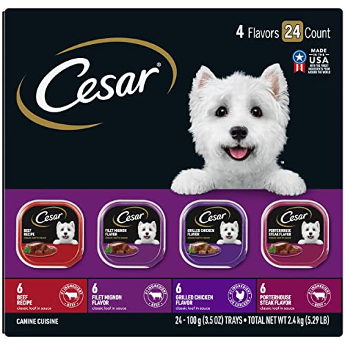 CESAR Wet Dog Food Classic Loaf in Sauce Beef Recipe, Filet Mignon, Grilled Chicken and Porterhouse Steak Variety Pack, (24) 3.5 oz. Easy Peel Trays