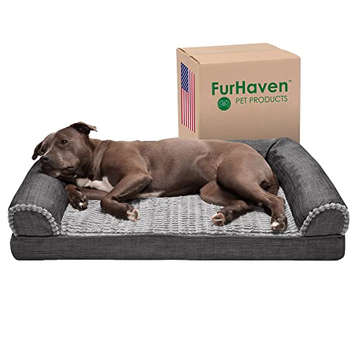 Furhaven Orthopedic Dog Bed for Large/Medium Dogs w/ Removable Bolsters & Washable Cover, For Dogs Up to 55 lbs – Luxe Faux Fur & Performance Linen Sofa – Charcoal, Large