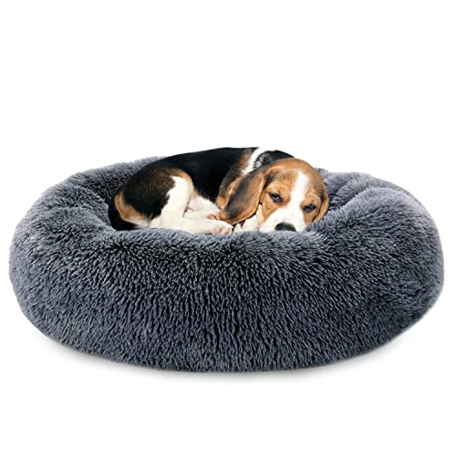 Nobleza Dog Beds for Small Dogs, Washable Soft Round Fluffy Donut Self Warming Cat Bed, Anti-Anxiety Cuddler Dog Calming Bed for Indoor Snoozer & Snuggle, 23″ x 23″ x 7″, Dark Grey
