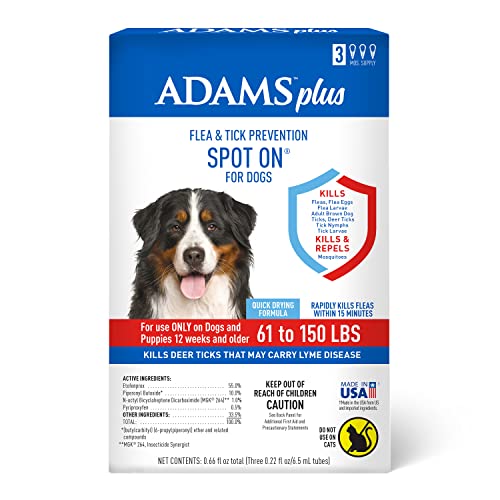 Adams Plus Flea & Tick Prevention Spot On for Dogs 61-150 Pounds, 12 Weeks & Older, 3-Month Supply, Kills Fleas, Flea Eggs, Flea Larvae & Brown Dog & Deer Ticks, Kills & Repels Mosquitoes For 30 Days