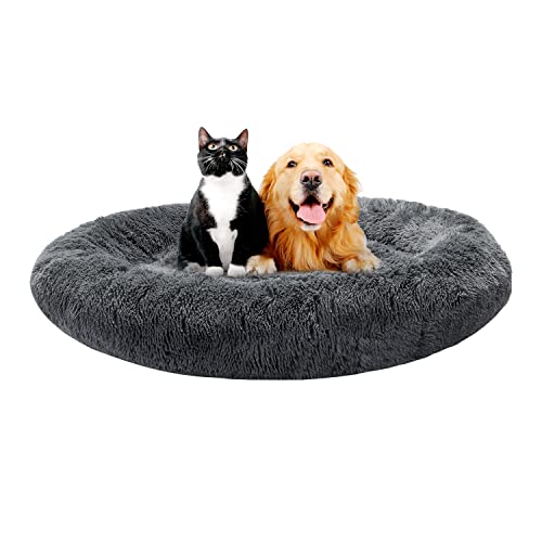 Bonteck Calming Dog Beds for Small Medium Large Dogs – Round Donut Machine Washable Dog Bed, Anti-Slip Faux Fur Fluffy Donut Cuddler Cat Bed, Multiple Sizes S-XL