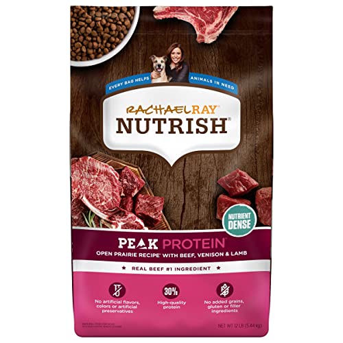 Rachael Ray Nutrish PEAK Natural Dry Dog Food, Open Prairie Recipe with Beef, Venison & Lamb, 12 Pound Bag, Grain Free (Packaging May Vary)