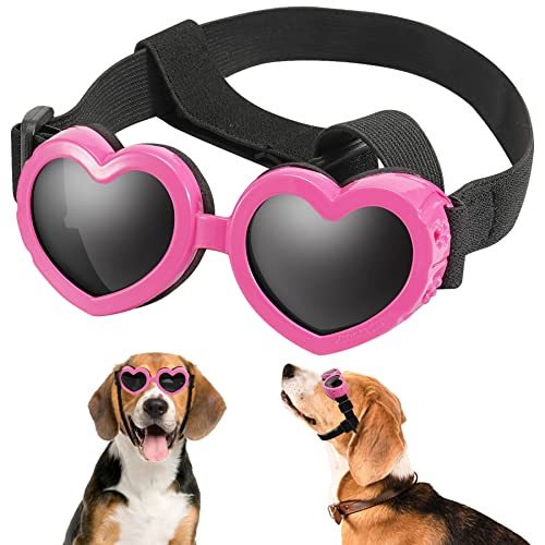 APOSU Dog Sunglasses Small Breed Goggles UV Protection with Adjustable Strap Doggy Heart Shape Anti-Fog Sunglasses Eye Wear Protection for Puppy Sun Glasses Doggie Windproof Glasses (Pink)