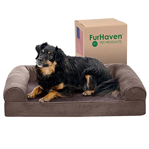 Furhaven Orthopedic Dog Bed for Medium/Small Dogs w/ Removable Bolsters & Washable Cover, For Dogs Up to 35 lbs – Faux Fur & Velvet Sofa – Driftwood Brown, Medium