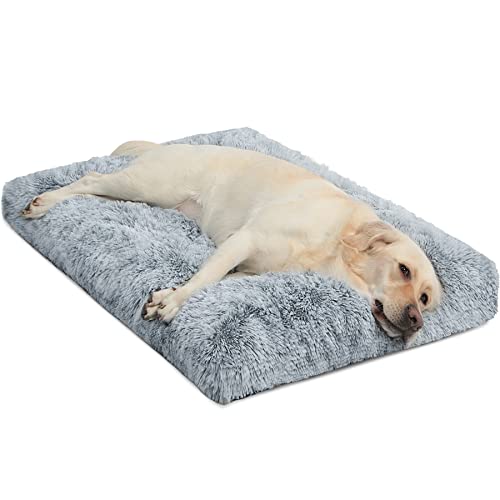 WAYIMPRESS Large Dog Crate Bed, Mat for Medium Small Dogs&Cats,Fulffy Faux Fur Kennel Pad Comfy Self Warming Non-Slip Dog Beds for Sleeping and Anti Anxiety (36x23x3.5 Inch, Grey)