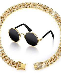 2 Pieces Gold Cat Dog Chain Collar and Sunglasses Set Rhinestone Cuban Collar Chain with Design Secure Buckle Retro Round Glasses for Dogs Cats Party Cosplay Costumes Funny Photo Props (12 Inch)