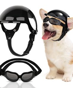 SlowTon Dog Helmet and Goggles for Small Dogs – UV Protection Doggy Sunglasses Dog Glasses Pet Motorcycle Helmet Hat with Ear Holes Adjustable Belt Safety Hat for Puppy Riding (Black, Small)