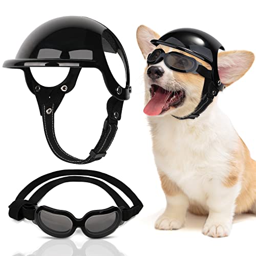 SlowTon Dog Helmet and Goggles for Small Dogs – UV Protection Doggy Sunglasses Dog Glasses Pet Motorcycle Helmet Hat with Ear Holes Adjustable Belt Safety Hat for Puppy Riding (Black, Small)