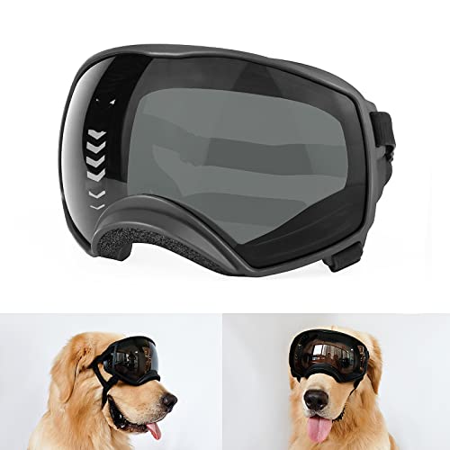 PETLESO Dog Goggles for Large Breed, Dog Sunglasses Medium Large Breed Wide View Dog Eye Protection with Adjustable Straps for Driving Riding Hiking, Black Lens