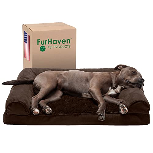 Furhaven Orthopedic Dog Bed for Large/Medium Dogs w/ Removable Bolsters & Washable Cover, For Dogs Up to 55 lbs – Plush & Suede Sofa – Espresso, Large