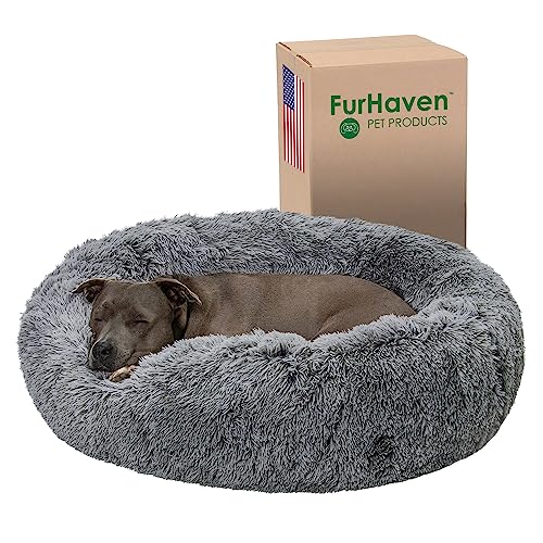 Furhaven 36″ Round Calming Donut Dog Bed for Large/Medium Dogs, Refillable w/ Removable Washable Cover, For Dogs Up to 75 lbs – Shaggy Plush Long Faux Fur Donut Bed – Gray, Large