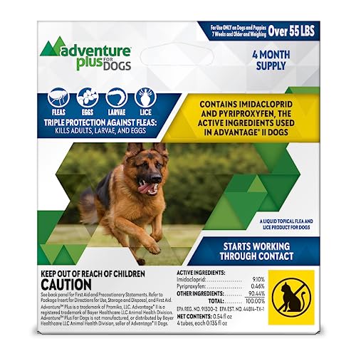 Adventure Plus Triple Flea Protection for Dogs – Spot on Flea & Tick Prevention for Dogs – For Extra Large Dogs 55+lbs – 4 Doses