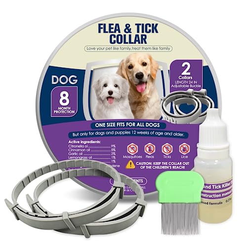 Flea & Tick Collar for Dogs, Long Lasting Protection for 8 Months, Water Resistant Dog Flea and Tick Collars, One Size Fits All, 2 Collar
